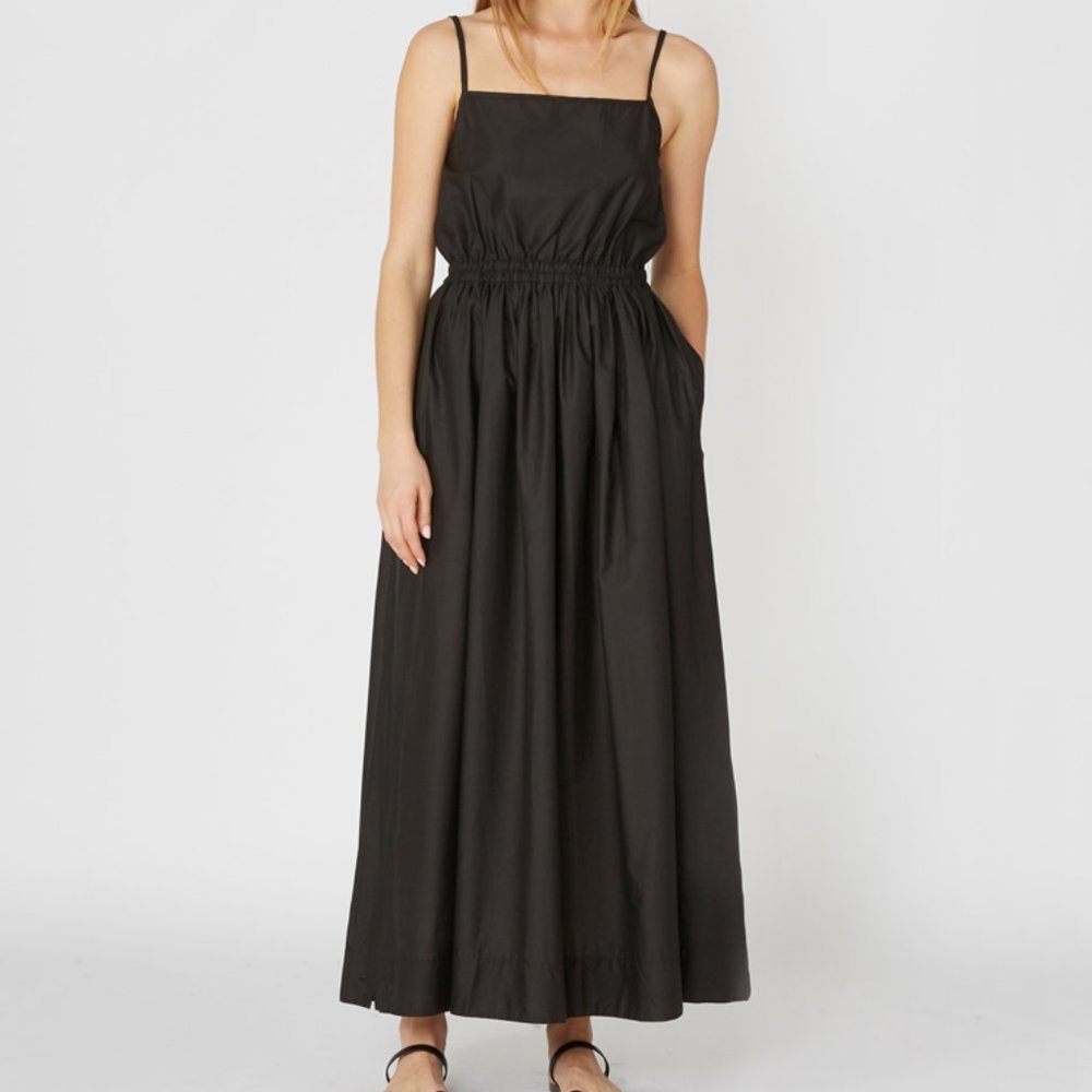 Matteau Black Gathered Cotton Maxi Sundress